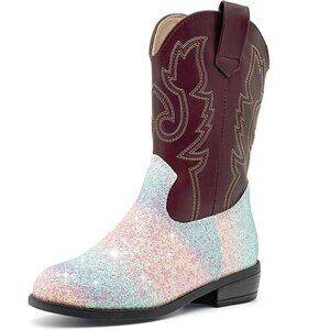 🆕xinlanlin Kids Sequin Rainbow Purple Embroidered Square litter Western Boot